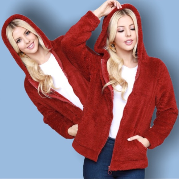 Jackets & Blazers - Plush Faux Fur Soft Wine Teddy Bear Zipper Jacket